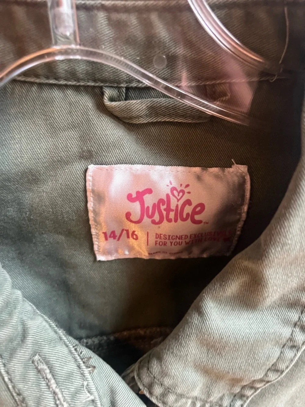 Justice Olive Green Utility Jacket with Sequin Patches